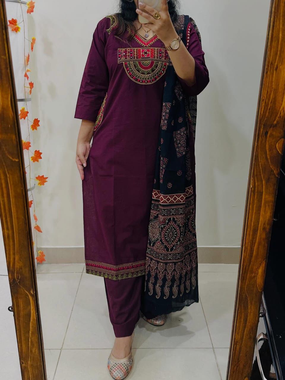 Elegant Maroon Embroidered Kurta Set with Printed Dupatta