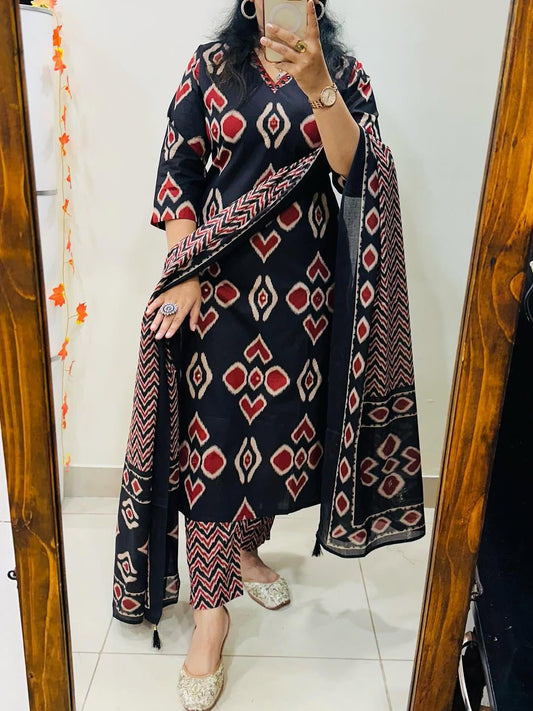 Midnight Ikat Elegance Kurta Set with Dupatta