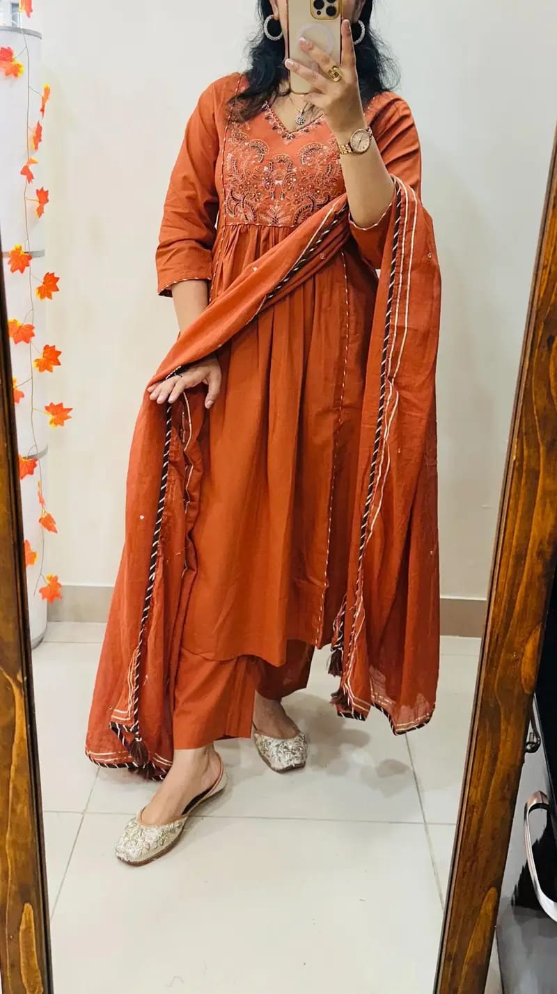 Jaipur Bandhej Rust Orange Embroidered Anarkali Suit Set