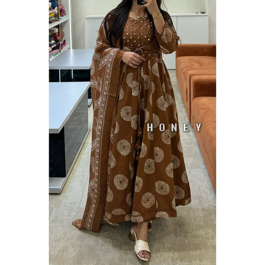 Maroon Cotton Printed Anarkali With Attached Jacket Detailing With Pants And Dupatta