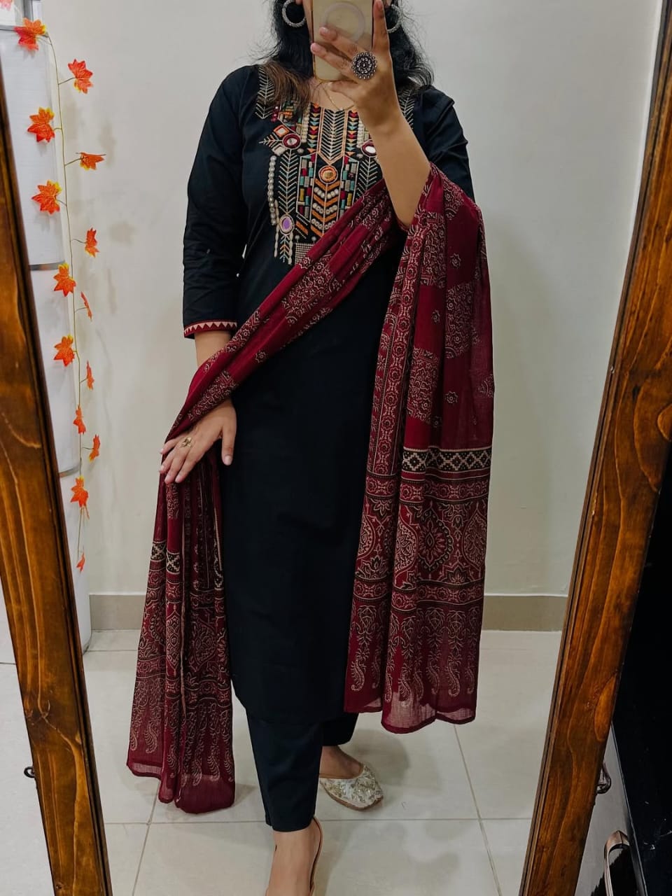 Black Hand-Embroidered Kurta Set With Ajrakh Print Dupatta