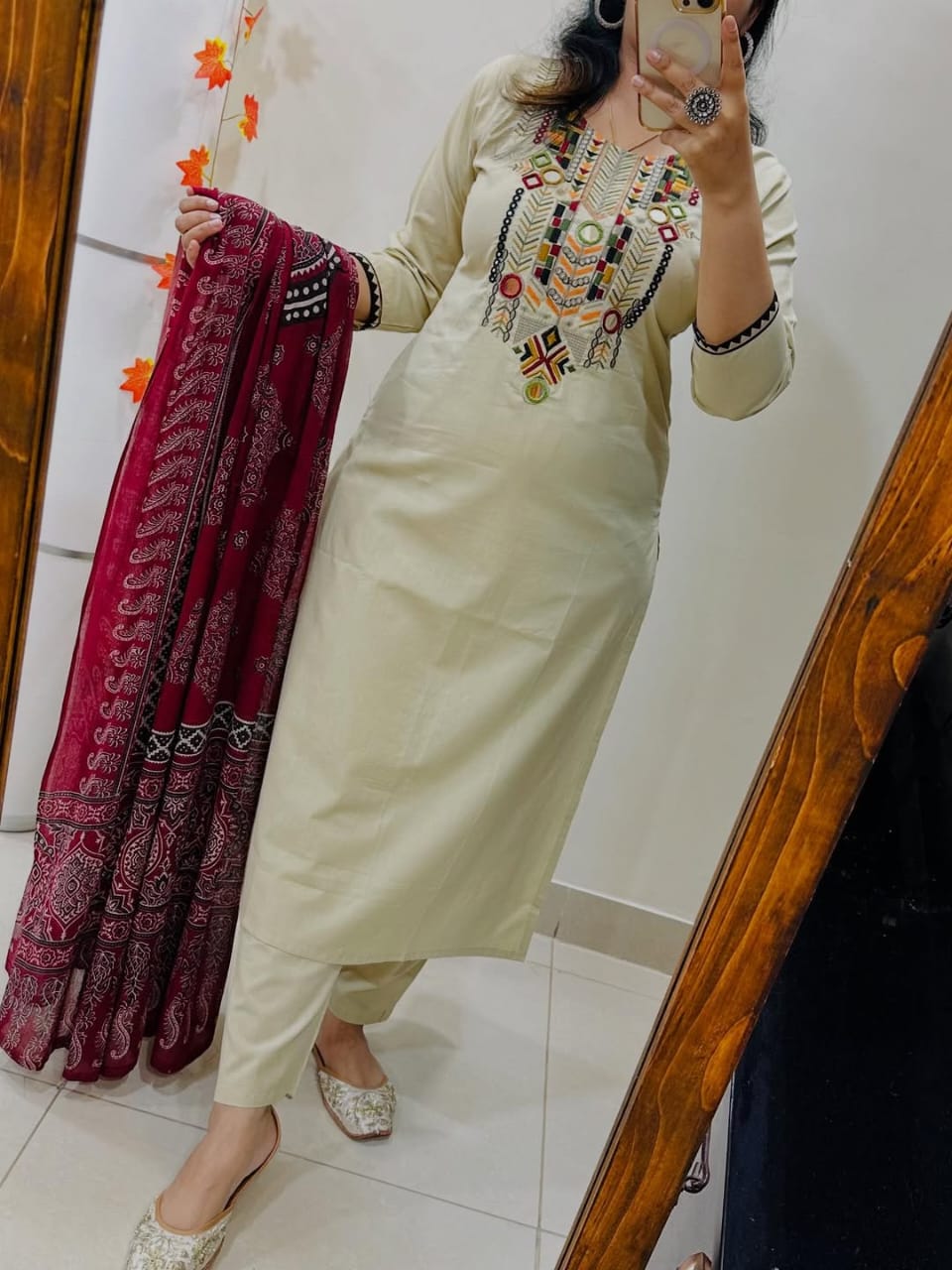 Jaipur Bandhej White Hand-Embroidered Kurta Set With Ajrakh Print Dupatta