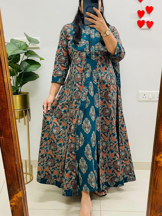 Blue Cotton Anarkali Suit Set With Ajrak-Inspired Print Dupatta