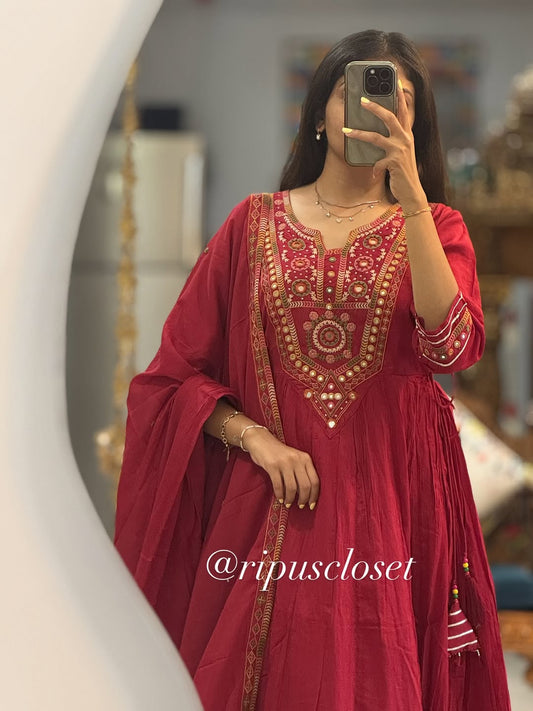 Red Mirror-Work Anarkali Set With Dupatta