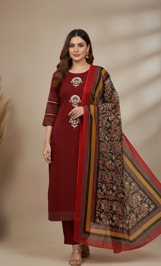 Jaipur Bandhej Maroon Embroidered Kurta Set With Printed Dupatta