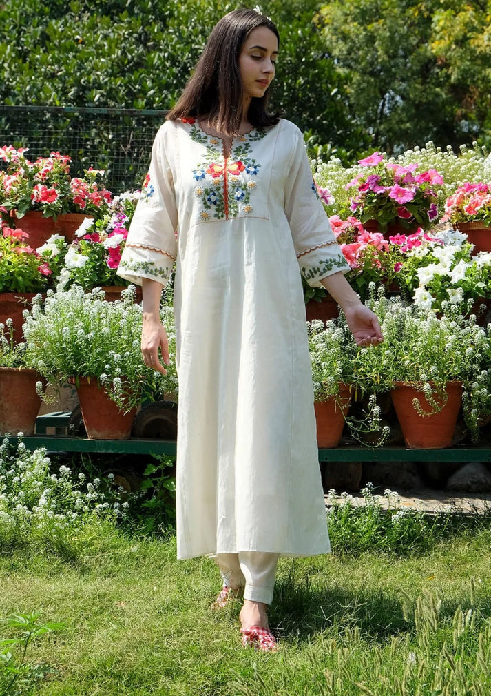 Elegant Ivory A-Line Kurta with Colorful Floral Embroidery