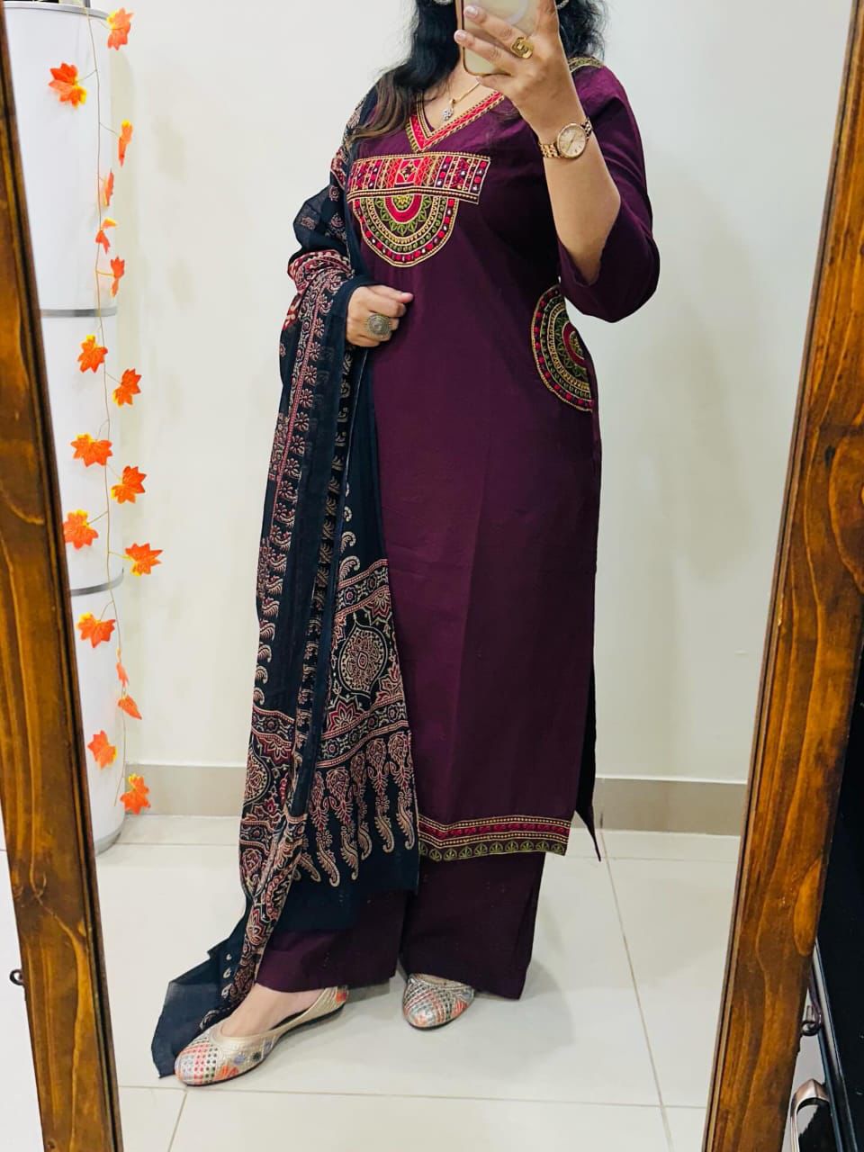 Elegant Maroon Embroidered Kurta Set with Printed Dupatta