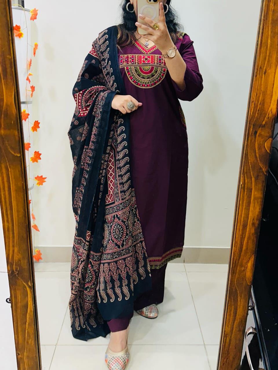Elegant Maroon Embroidered Kurta Set with Printed Dupatta