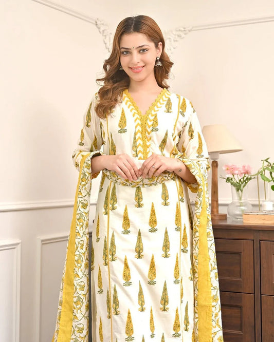 Elegant Mustard & Ivory Printed Kurta Set with Dupatta