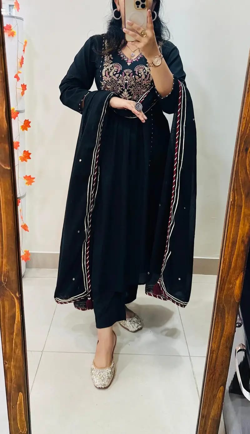 Jaipur Bandhej Black Embroidered Anarkali Suit With Dupatta