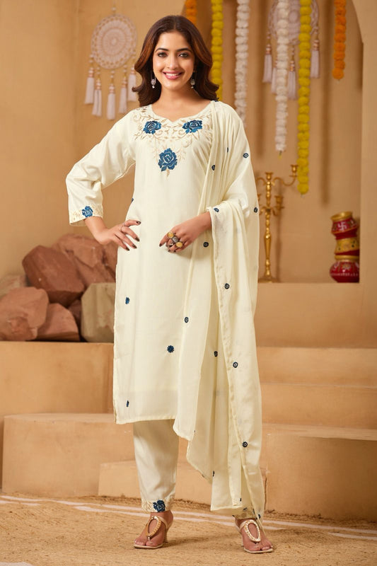 Premium Ivory Floral Embroidered Kurta Set with Elegant Dupatta