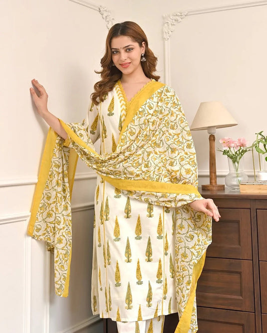 Elegant Mustard & Ivory Printed Kurta Set with Dupatta