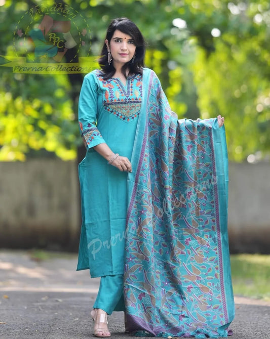 Jaipur Bandhej Turquoise Blue Embroidered Cotton Suit Set With Printed Dupatta – Elegant Ethnic Wear For Women