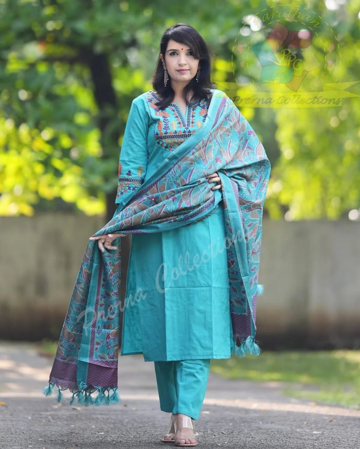 Jaipur Bandhej Turquoise Blue Embroidered Cotton Suit Set With Printed Dupatta – Elegant Ethnic Wear For Women