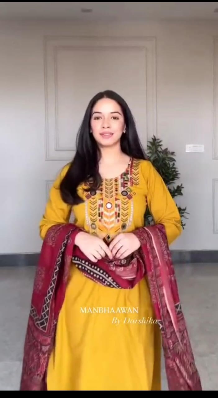 Jaipur Bandhej Mustard Yellow Hand-Embroidered Kurta Set With Ajrakh Print Dupatta