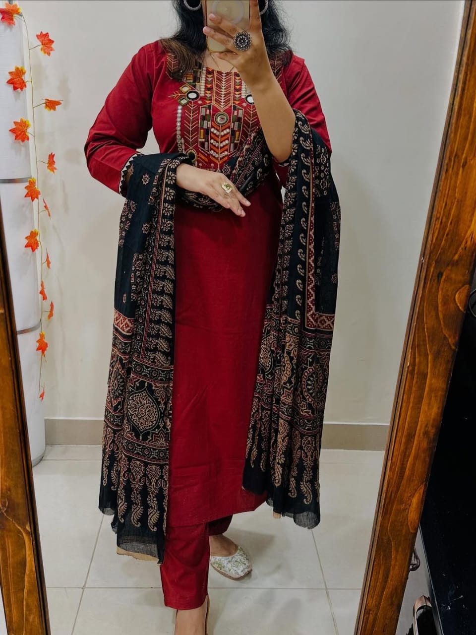 Jaipur Bandhej Red Hand-Embroidered Kurta Set With Ajrakh Print Dupatta