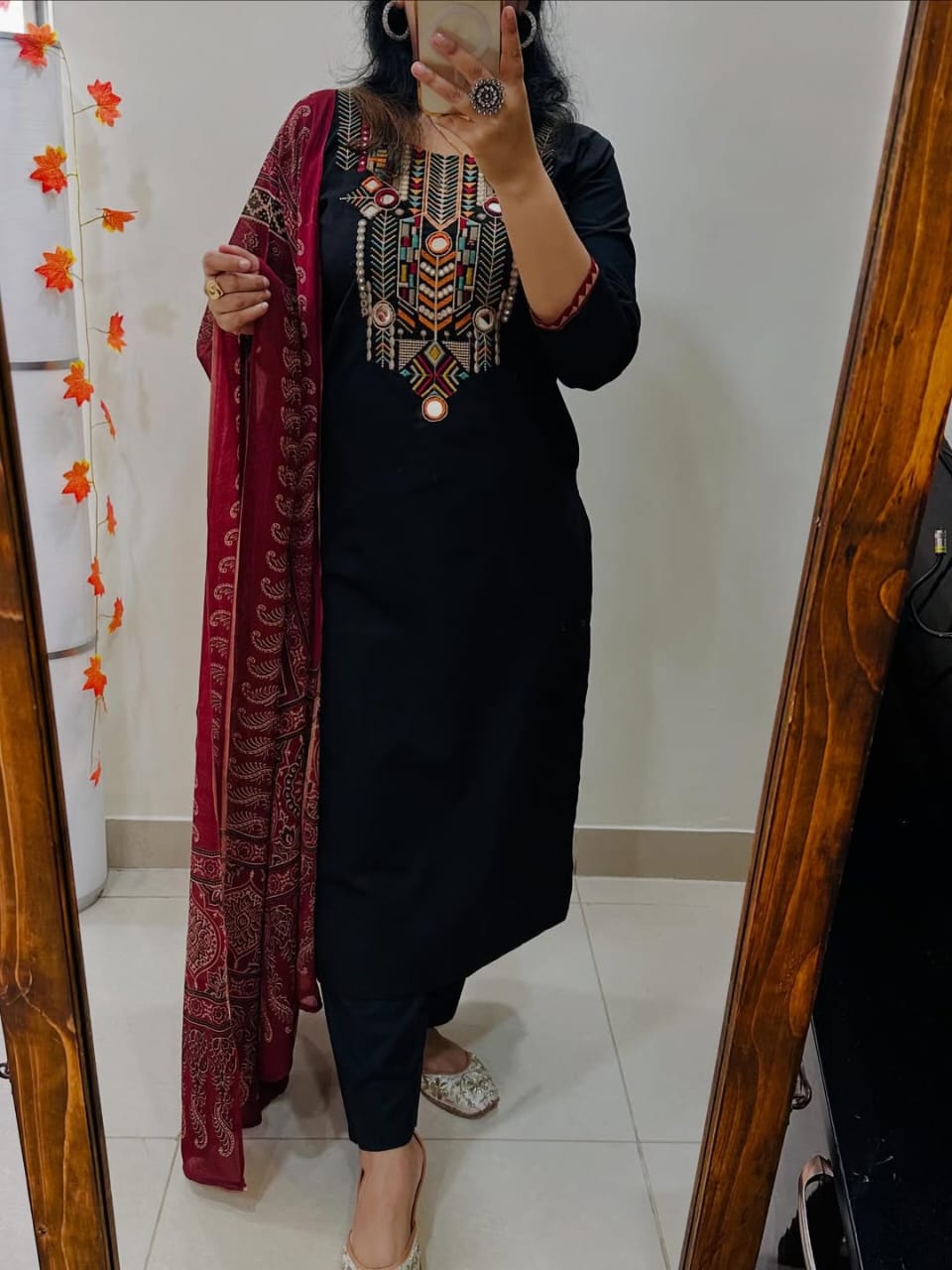 Black Hand-Embroidered Kurta Set With Ajrakh Print Dupatta