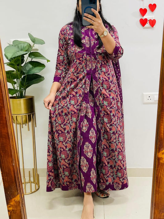 Purple Cotton Anarkali Suit Set With Ajrak-Inspired Print Dupatta