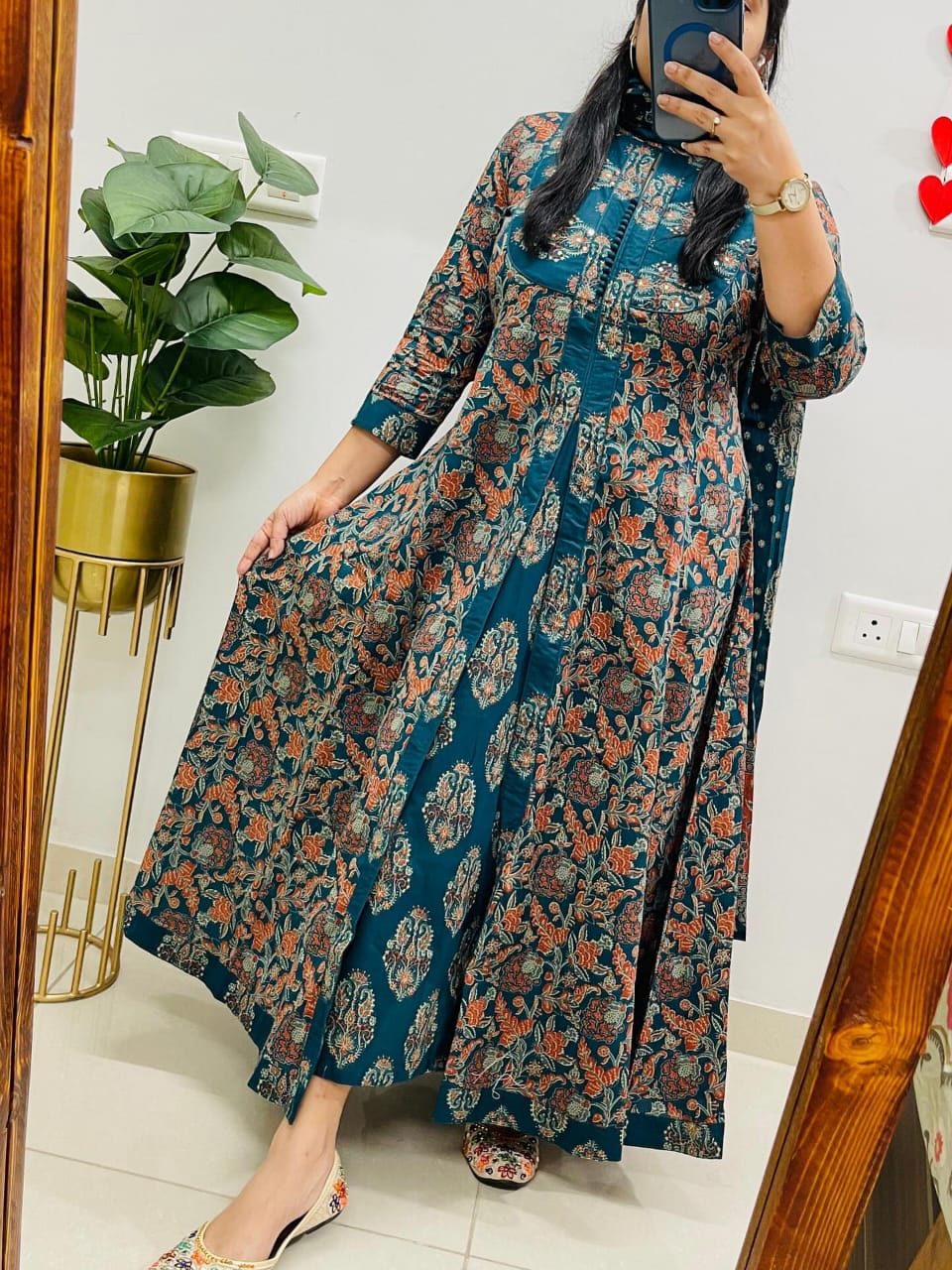 Blue Cotton Anarkali Suit Set With Ajrak-Inspired Print Dupatta