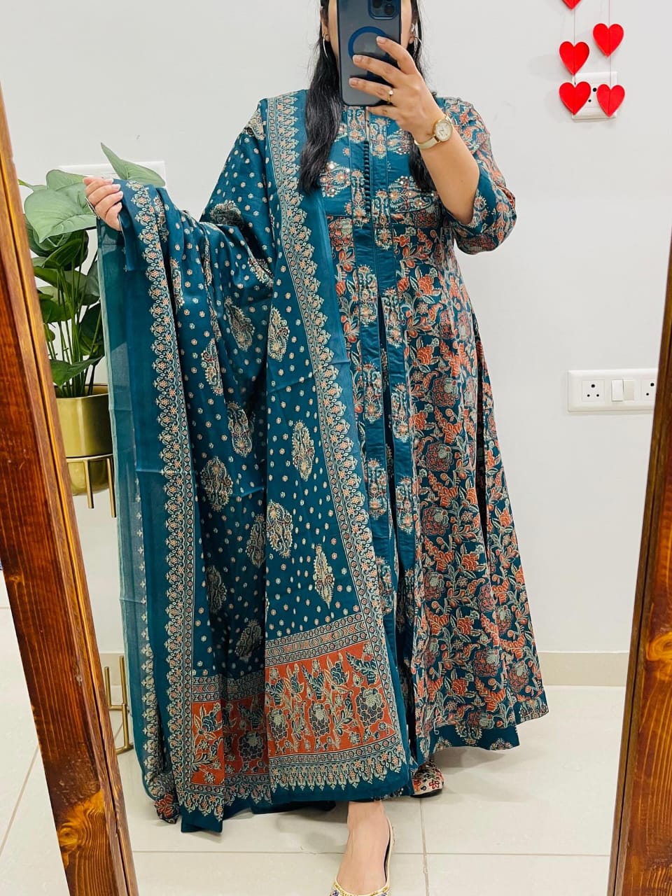 Blue Cotton Anarkali Suit Set With Ajrak-Inspired Print Dupatta