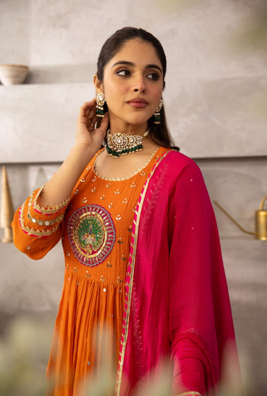 Radiant Orange Anarkali Set With Pink Dupatta