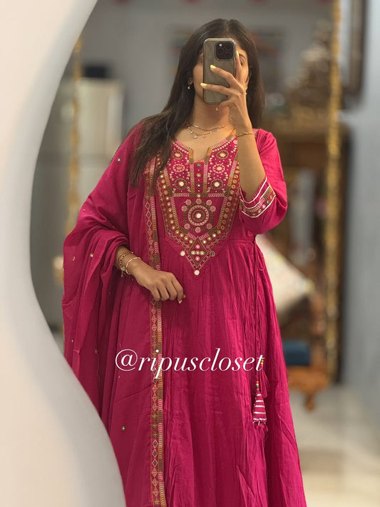 Magenta Mirror-Work Anarkali Set With Dupatta