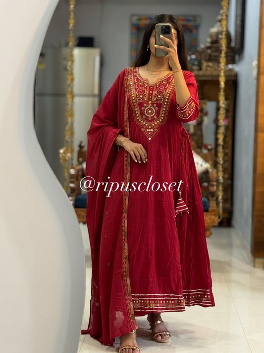 Jaipur Bandhej Rad Mirror-Work Anarkali Set With Dupatta
