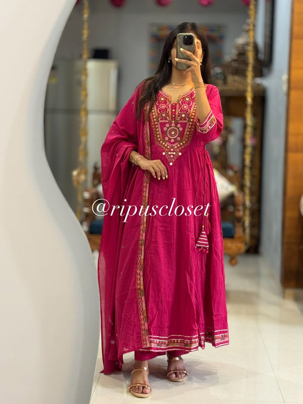 Jaipur Bandhej Magenta Mirror-Work Anarkali Set With Dupatta