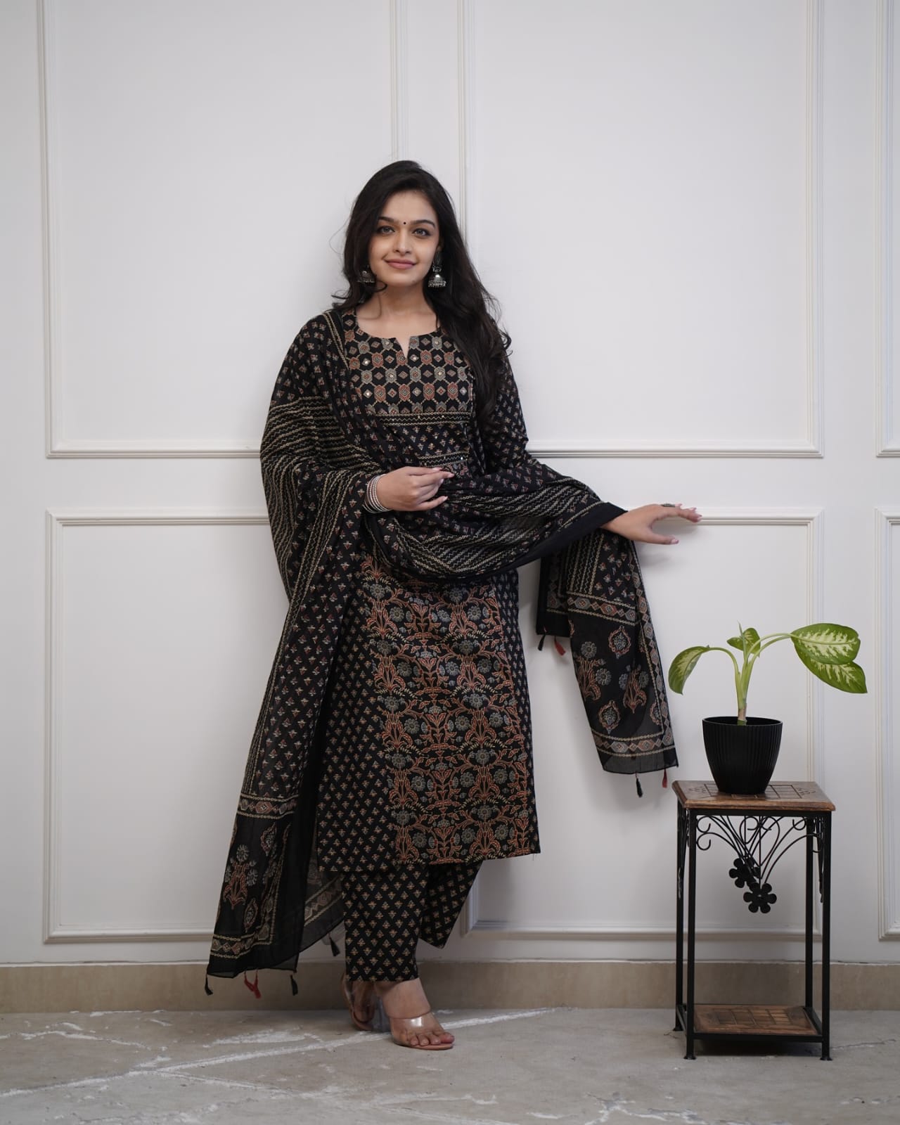 Elegant Black Printed Cotton Salwar Suit Set With Dupatta