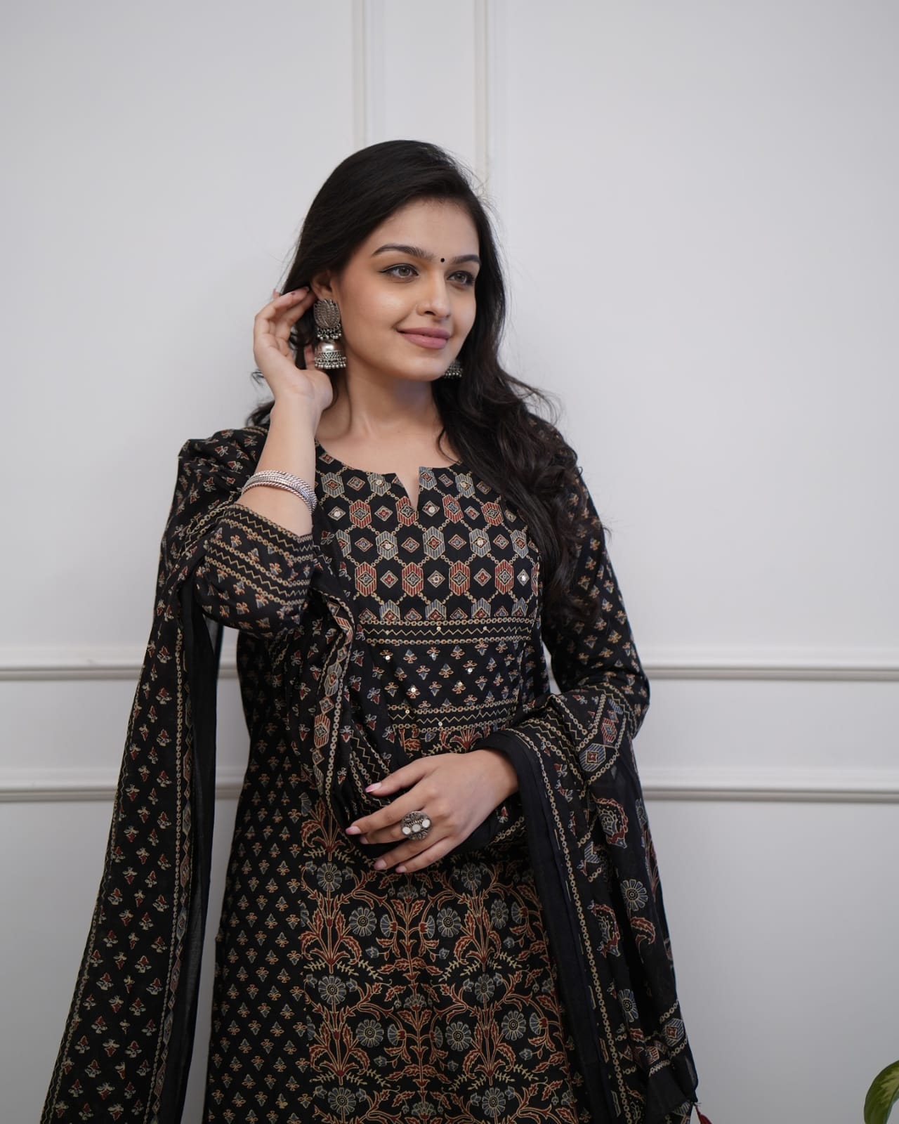 Elegant Black Printed Cotton Salwar Suit Set With Dupatta