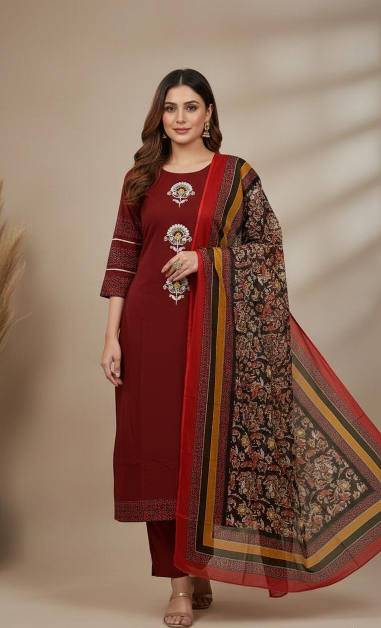 Jaipur Bandhej Maroon Embroidered Kurta Set With Printed Dupatta
