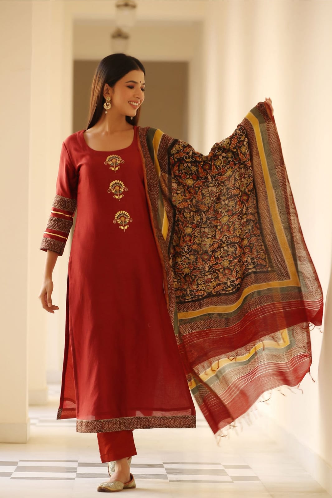 Jaipur Bandhej Maroon Embroidered Kurta Set With Printed Dupatta