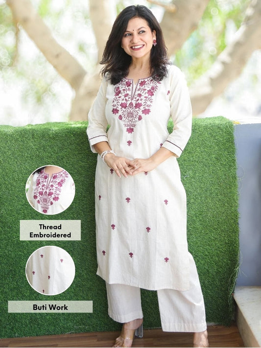 Elegant Off-White Embroidered Kurta Set
