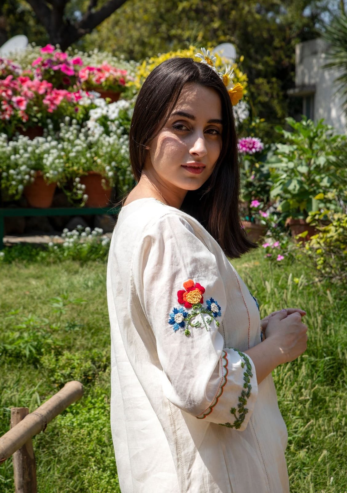 Elegant Ivory A-Line Kurta with Colorful Floral Embroidery
