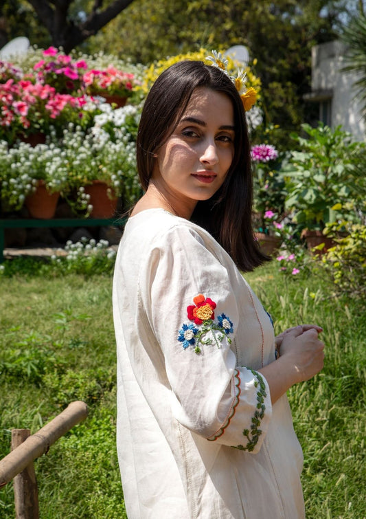 Elegant Ivory A-Line Kurta with Colorful Floral Embroidery