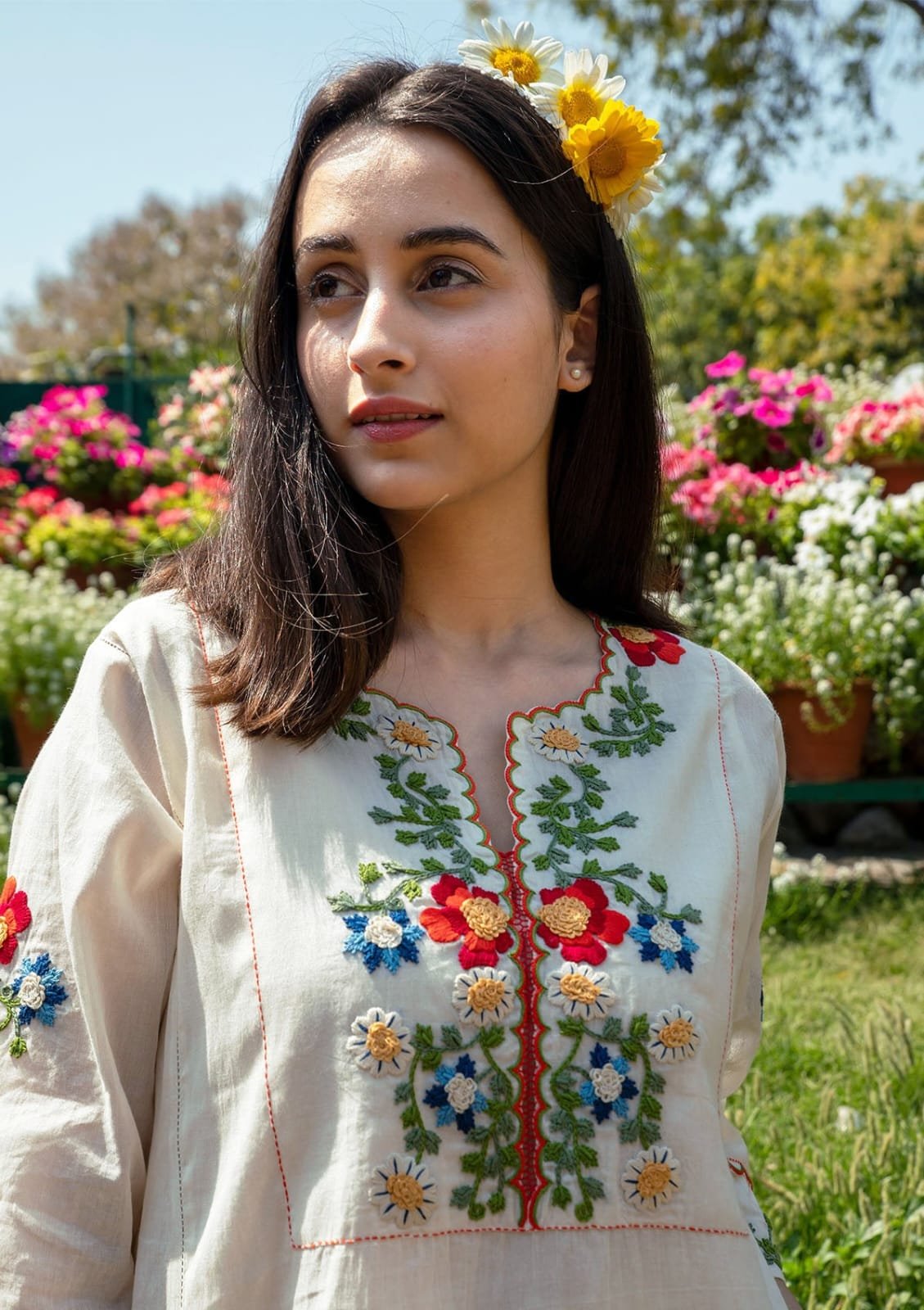 Elegant Ivory A-Line Kurta with Colorful Floral Embroidery