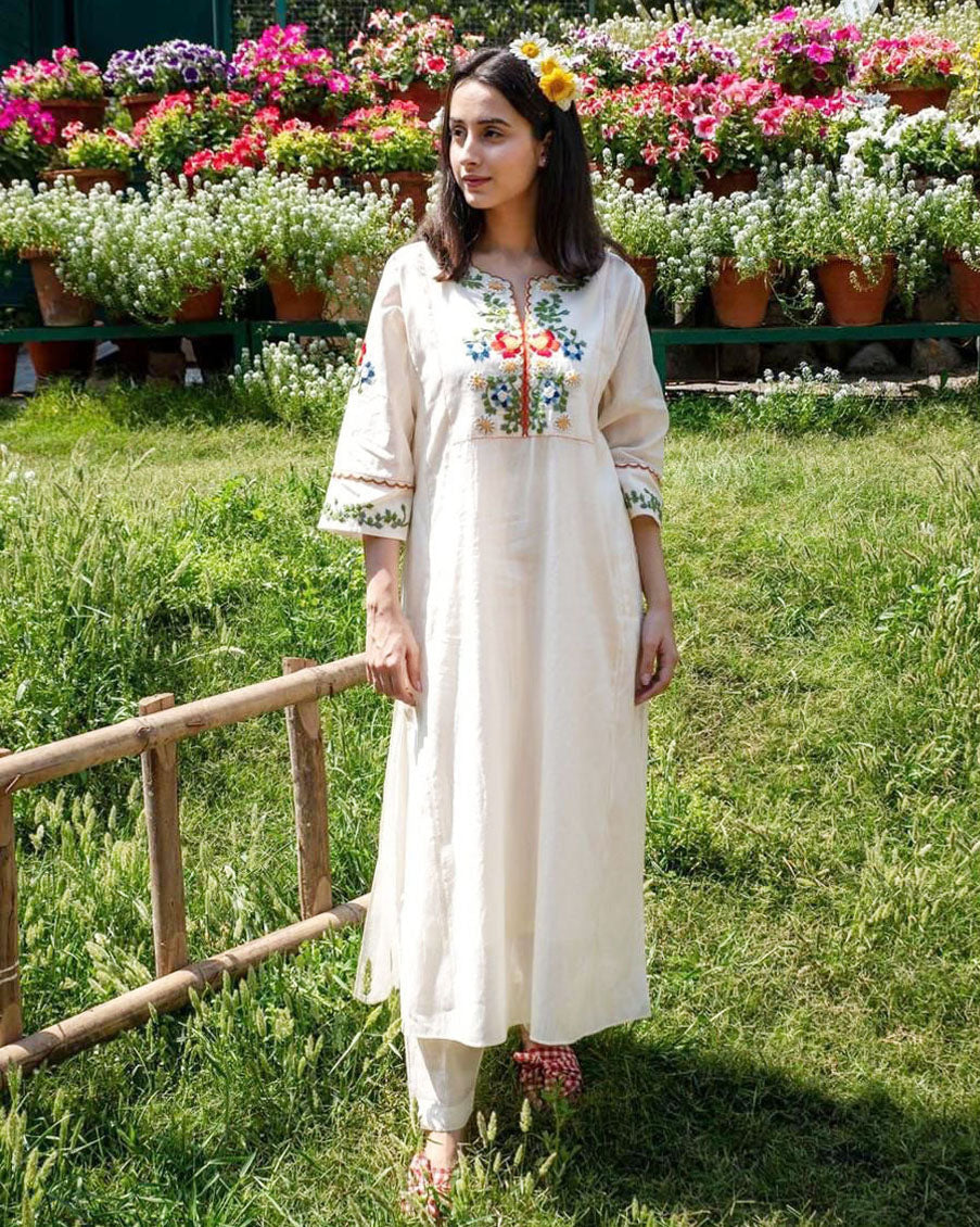 Elegant Ivory A-Line Kurta with Colorful Floral Embroidery