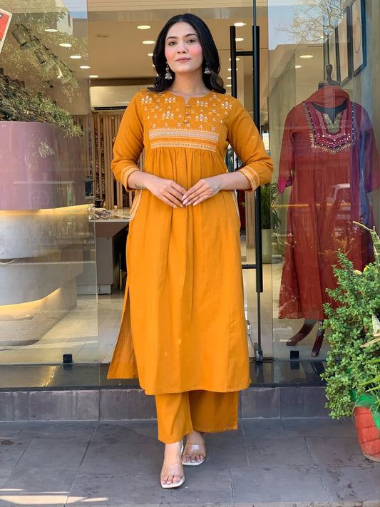 Mustard Yellow Embroidered Kurta Set with Straight Pants