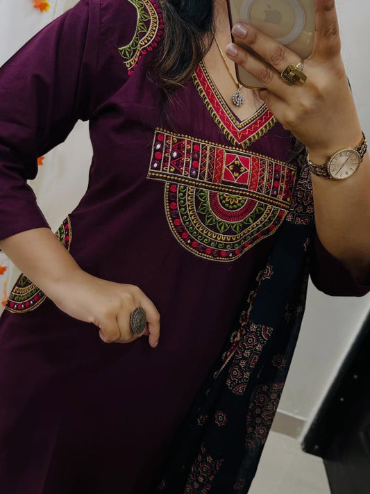 Elegant Maroon Embroidered Kurta Set with Printed Dupatta
