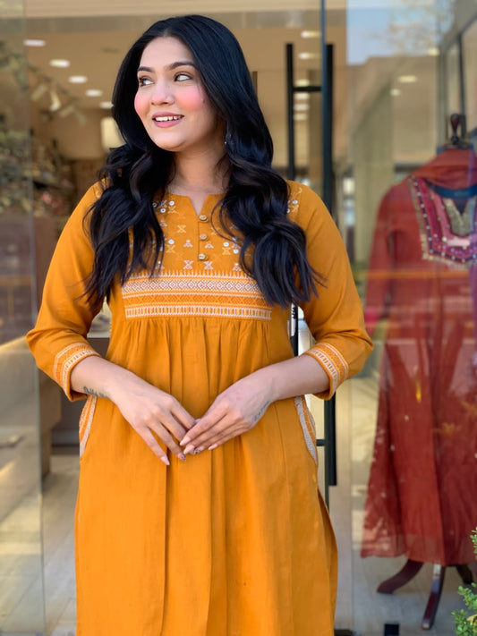 Mustard Yellow Embroidered Kurta Set with Straight Pants