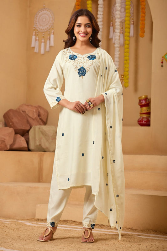 Premium Ivory Floral Embroidered Kurta Set with Elegant Dupatta