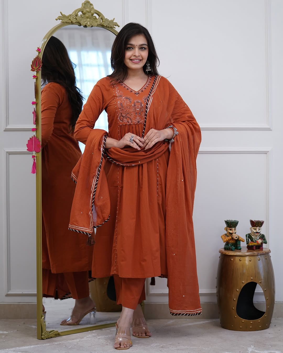 Jaipur Bandhej Rust Orange Embroidered Anarkali Suit Set